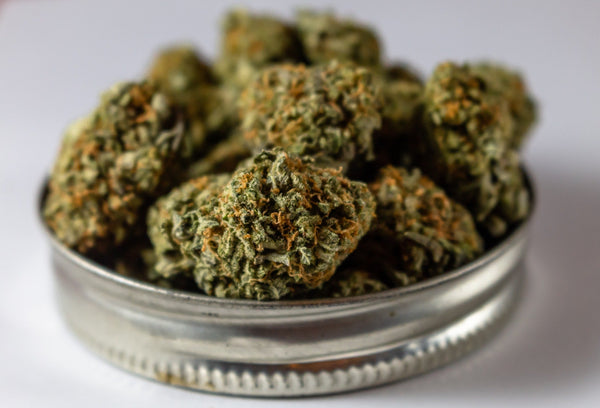 A jar lid holding strains of sativa hemp flower