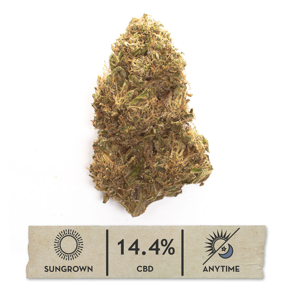 Rainbow GMO CBD hemp flower, single bud on white with its sungrown, 14.4% CBD label